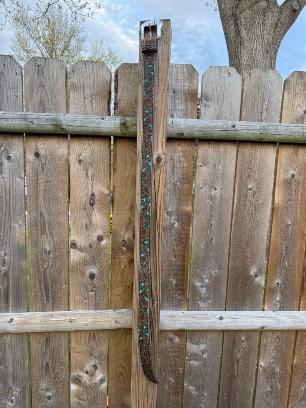 Shyanne Brown Tooled Leather Belt with Turquoise Inlay and Silver Buckle - Picture 2 of 6